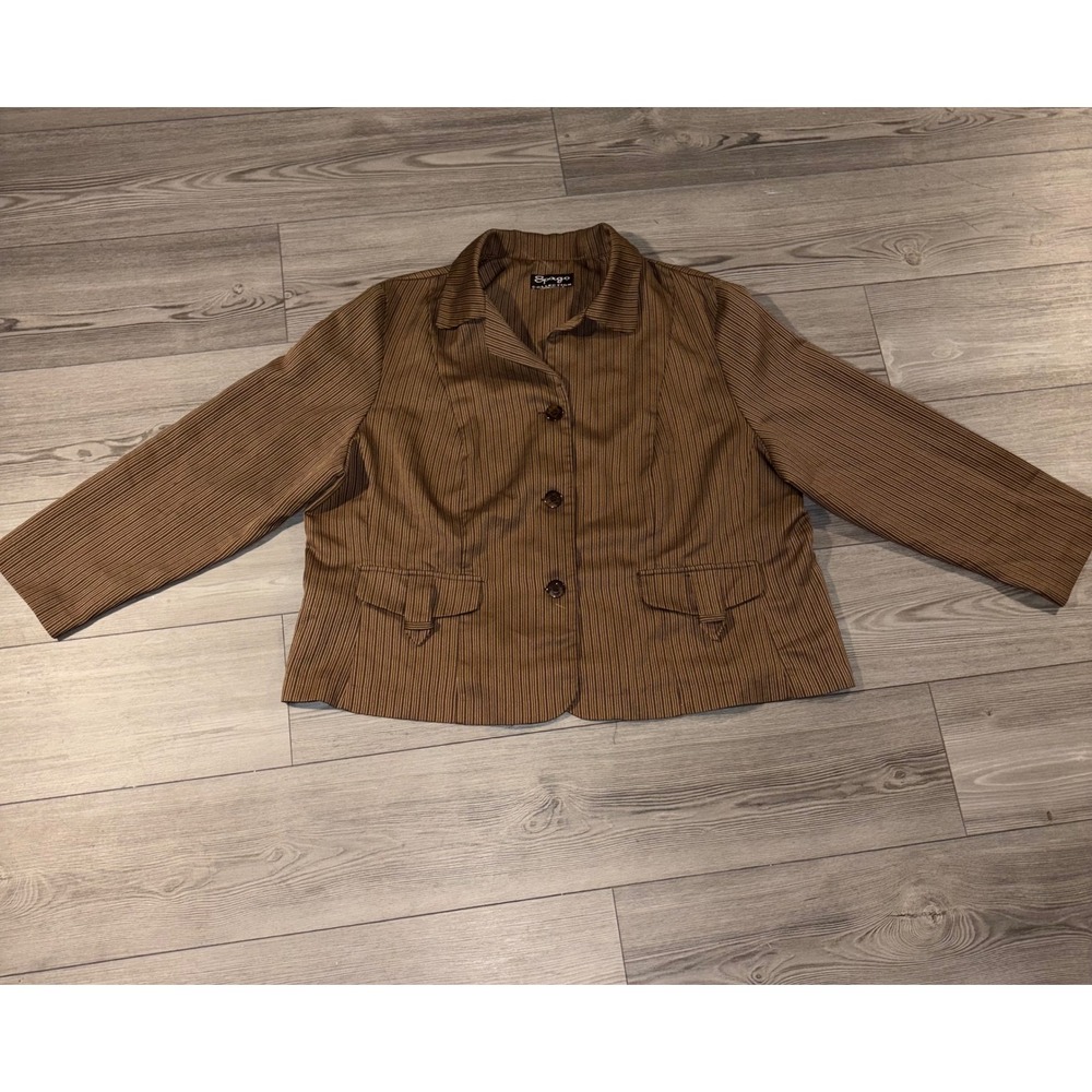 Spago Collection Brown Pinstripe Blazer Jacket 3 Button Flap Pockets L/XL